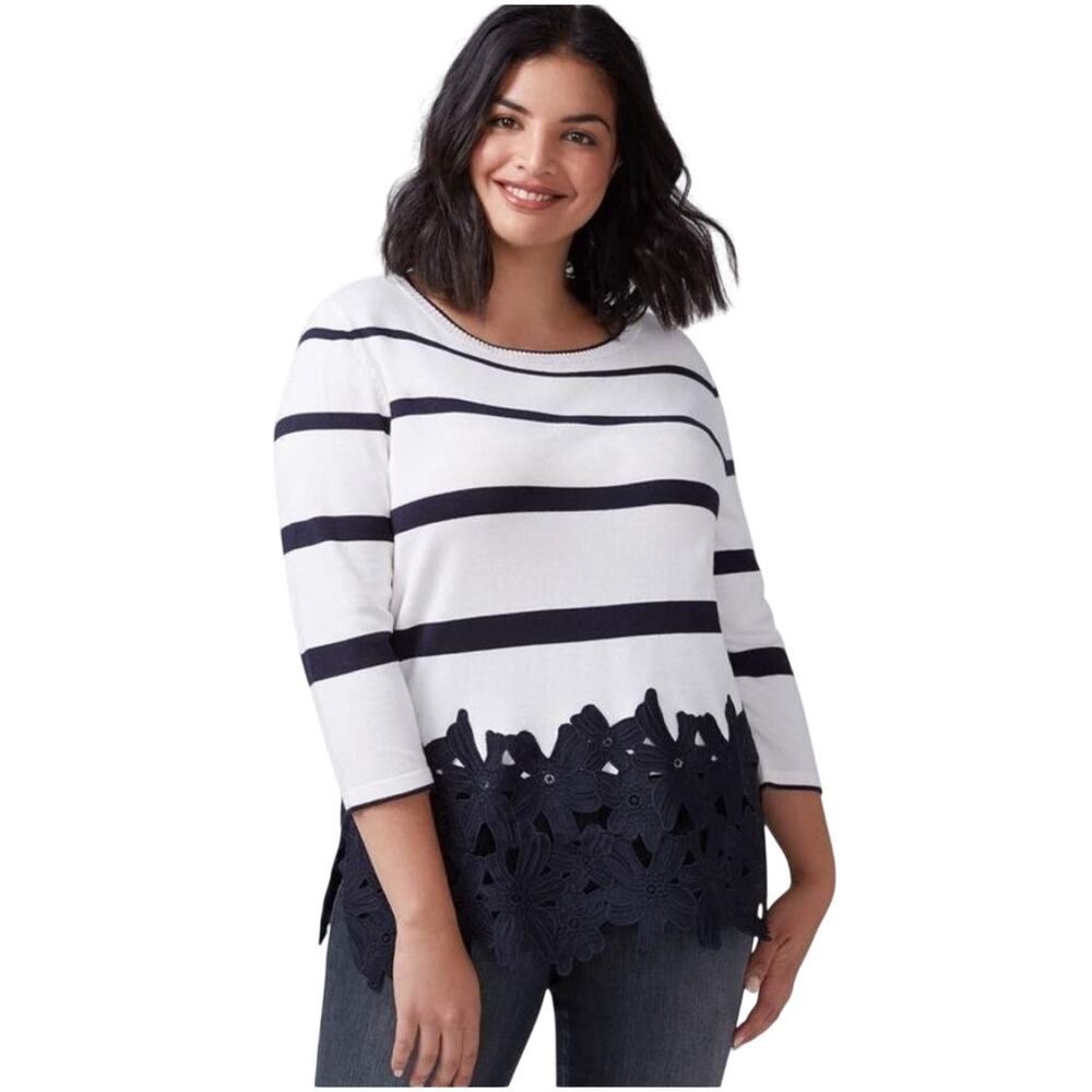 Lane Bryant Floral Applique Lace Hem 3/4 Sleeve Navy Stripe White Sweater 14/16